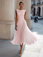Draped neck midi dress in white, elegant neckline close up