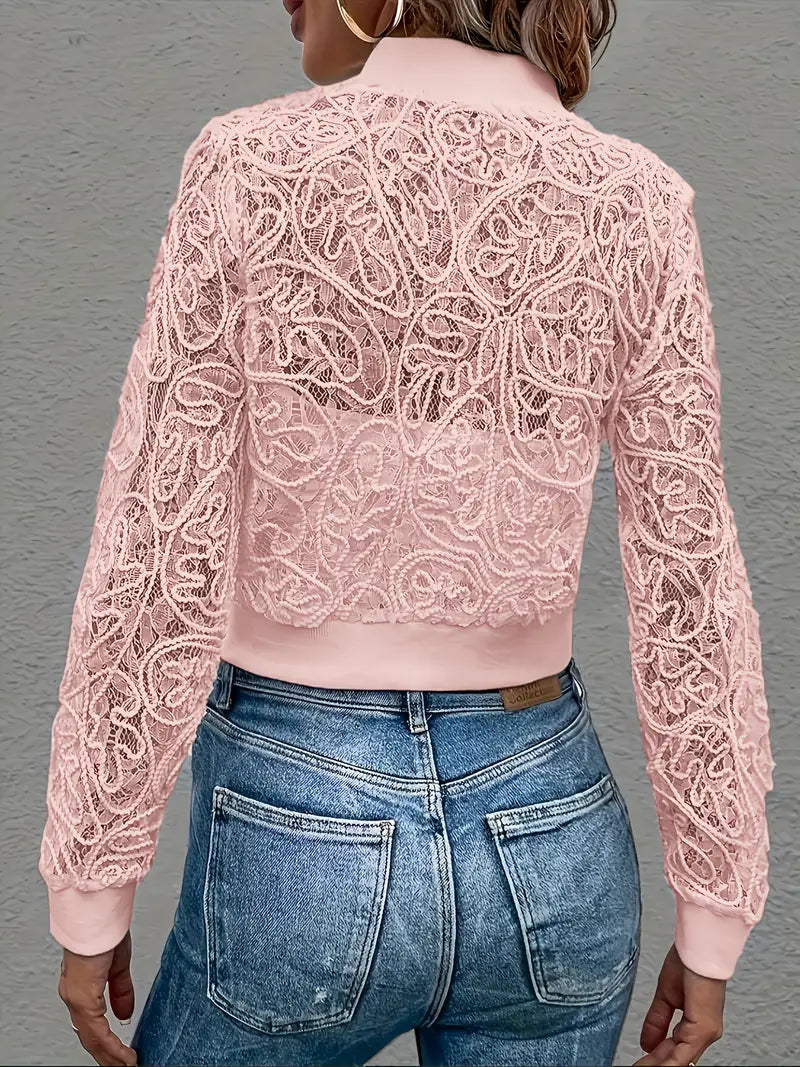 Spring lace mesh bomber jacket close-up of ribbed hem detail