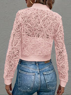 Spring lace mesh bomber jacket close-up of ribbed hem detail