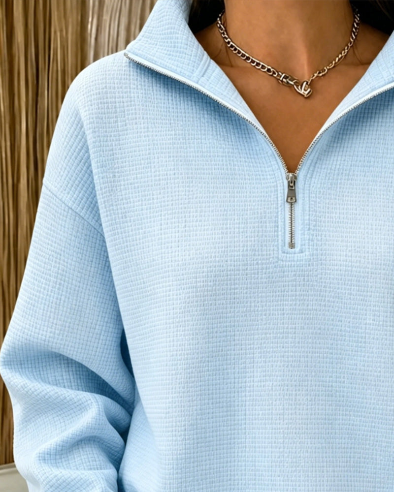 Women's Blue Half-Zip Waffle Long-Sleeve Sweatshirt — worn on model