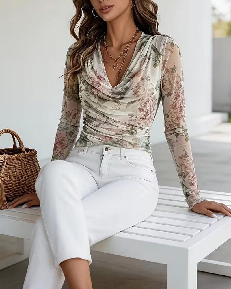 Women's White Gathered-Neck Floral Print Pleated Blouse