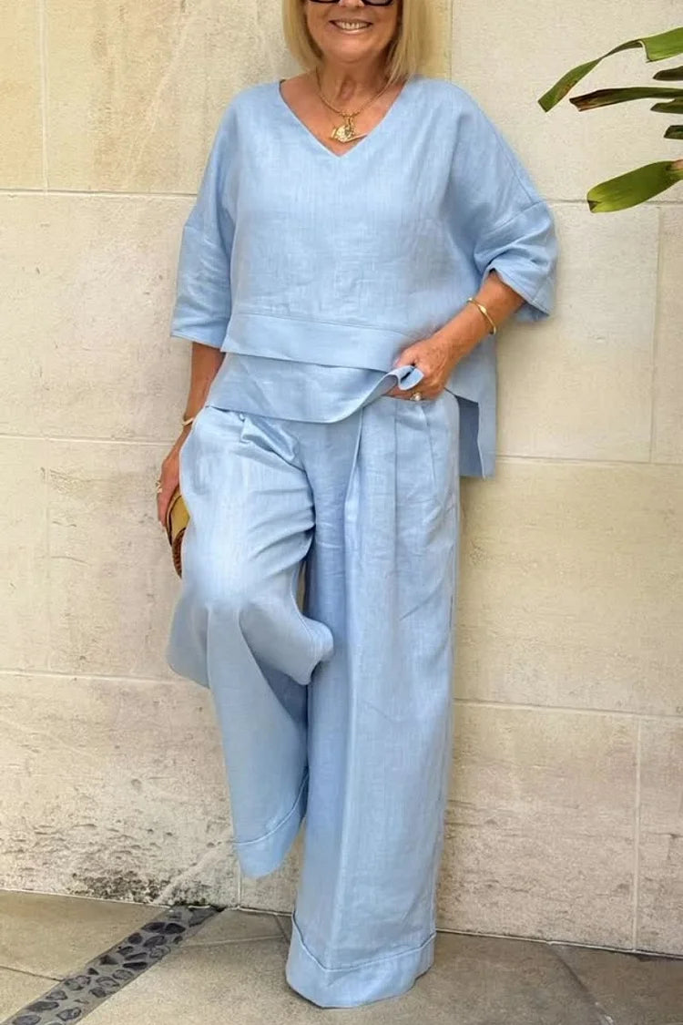 Co-ord set in navy blue, matching wide-sleeve top and loose trousers | Alba Muse
