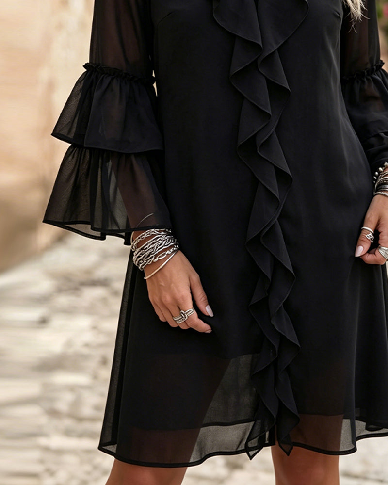 V-neck flare sleeve mini dress, side view