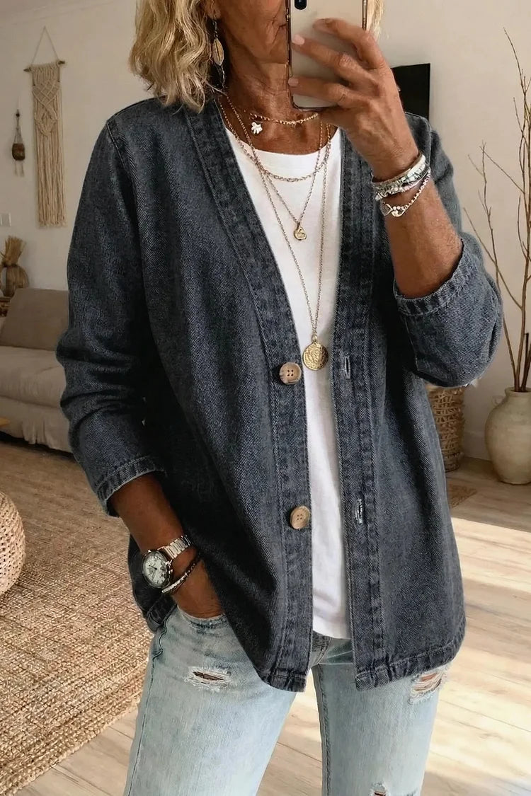 Light blue denim cardigan, relaxed comfortable everyday layering | Alba Muse