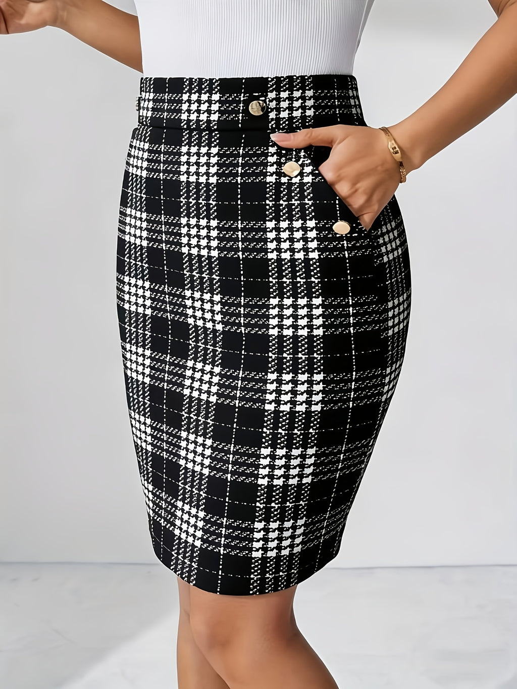 Pure Black Plaid Pocket Skirt