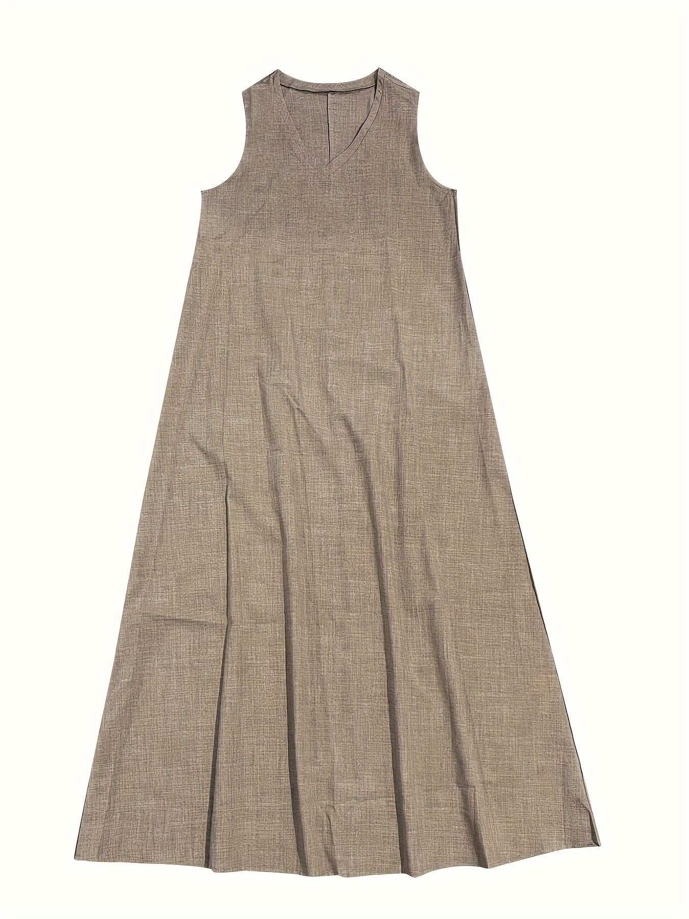 V-Neck Sleeveless Drapey A-Line Maxi Dress in Khaki, full length view