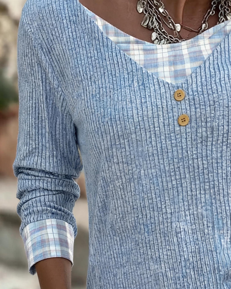 Women's Blue Ribbed Plaid Patchwork Long-Sleeve Blouse