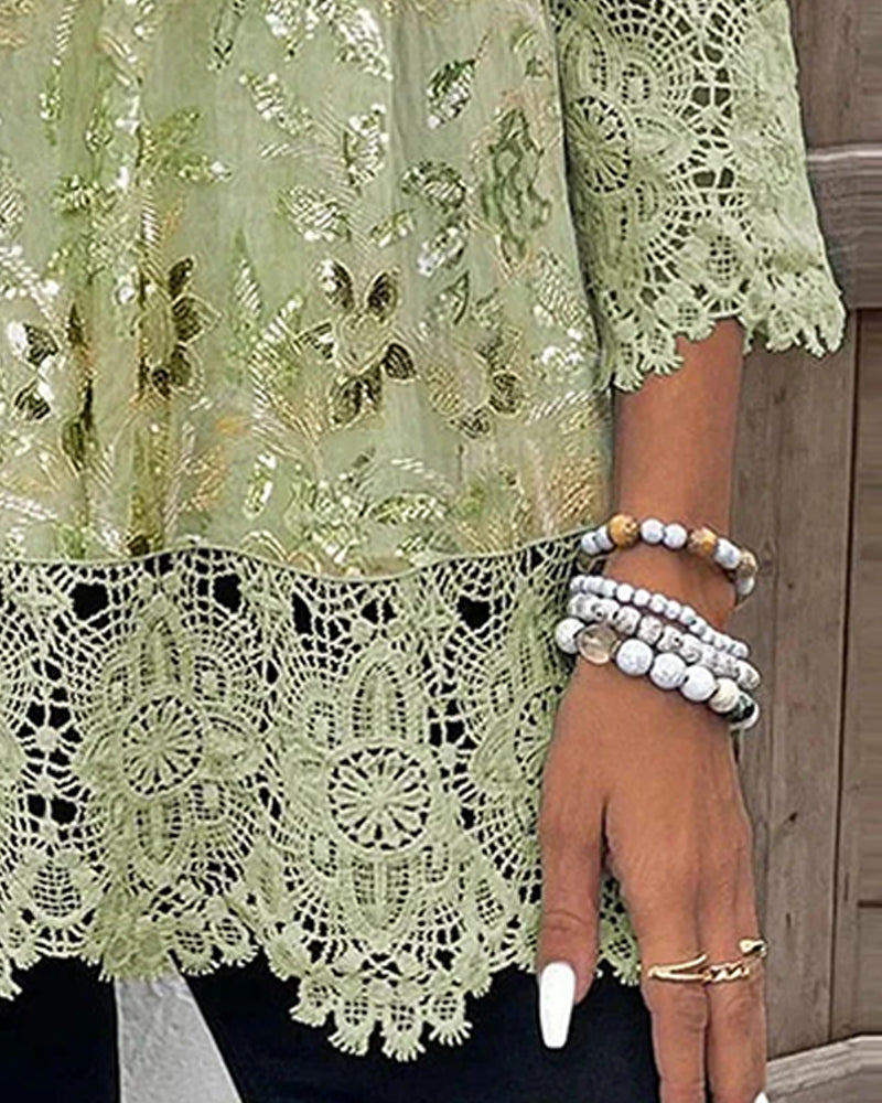 V neck three quarter sleeve floral lace patchwork blouse, styled view