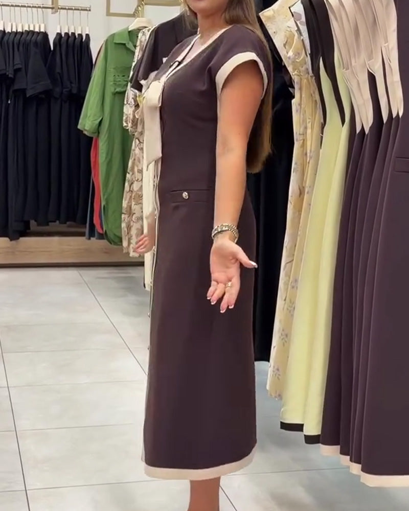 Coffee V-Neck Bow Detail Button-Front Midi Dress — worn on model