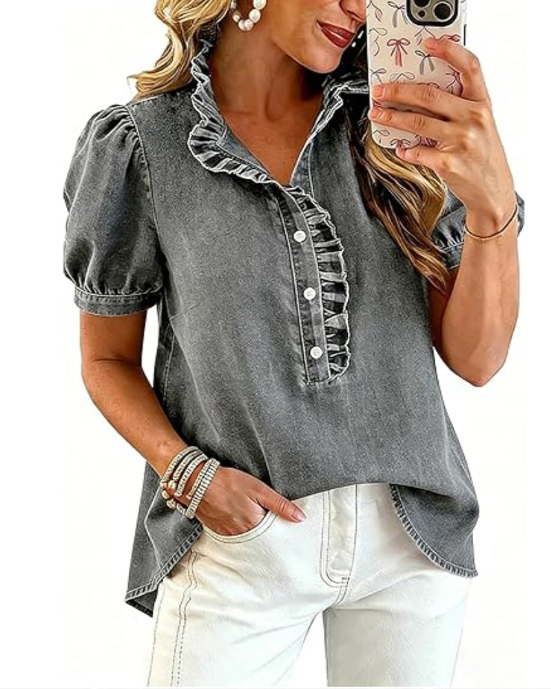 Lapel collar ruffle denim blouse, detail view