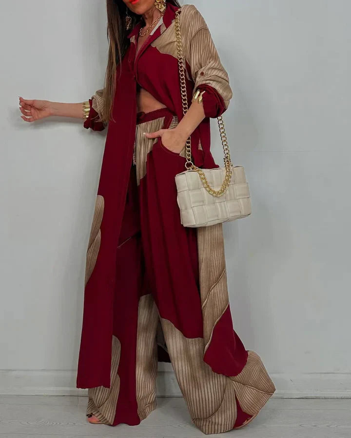 Cropped top wide leg trousers set in bordeaux, front view