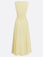 Women's chiffon sleeveless ruched maxi dress in navy, front view