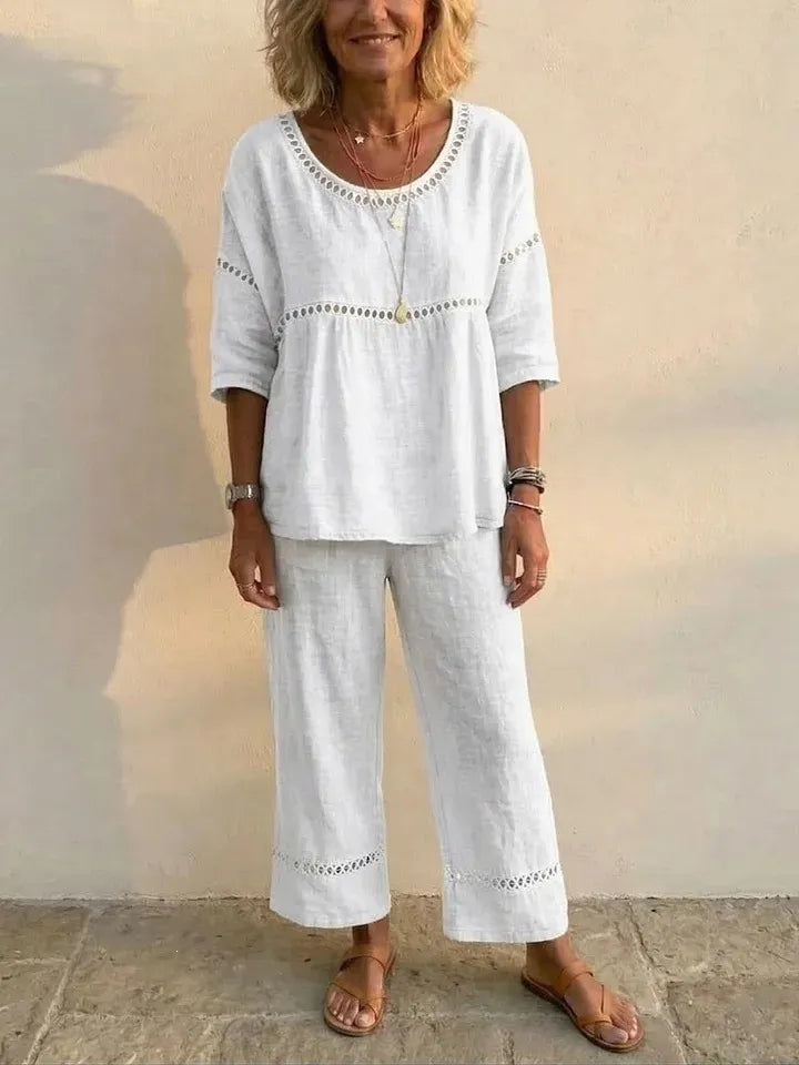 Eyelet linen co-ord set close-up openwork detail, artisan finish | Alba Muse