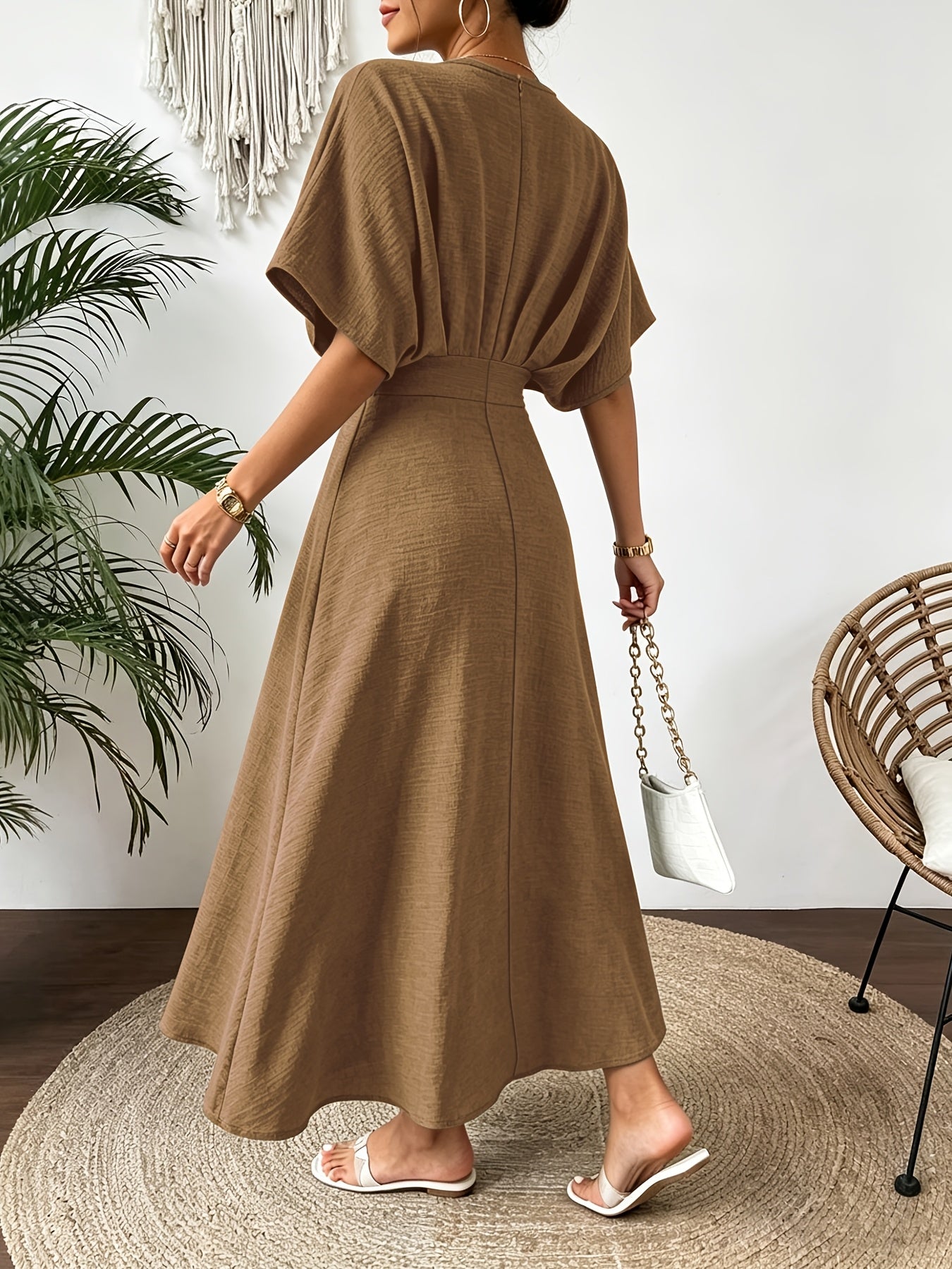 Batwing Sleeve Ruffle V-Neck Midi Dress
