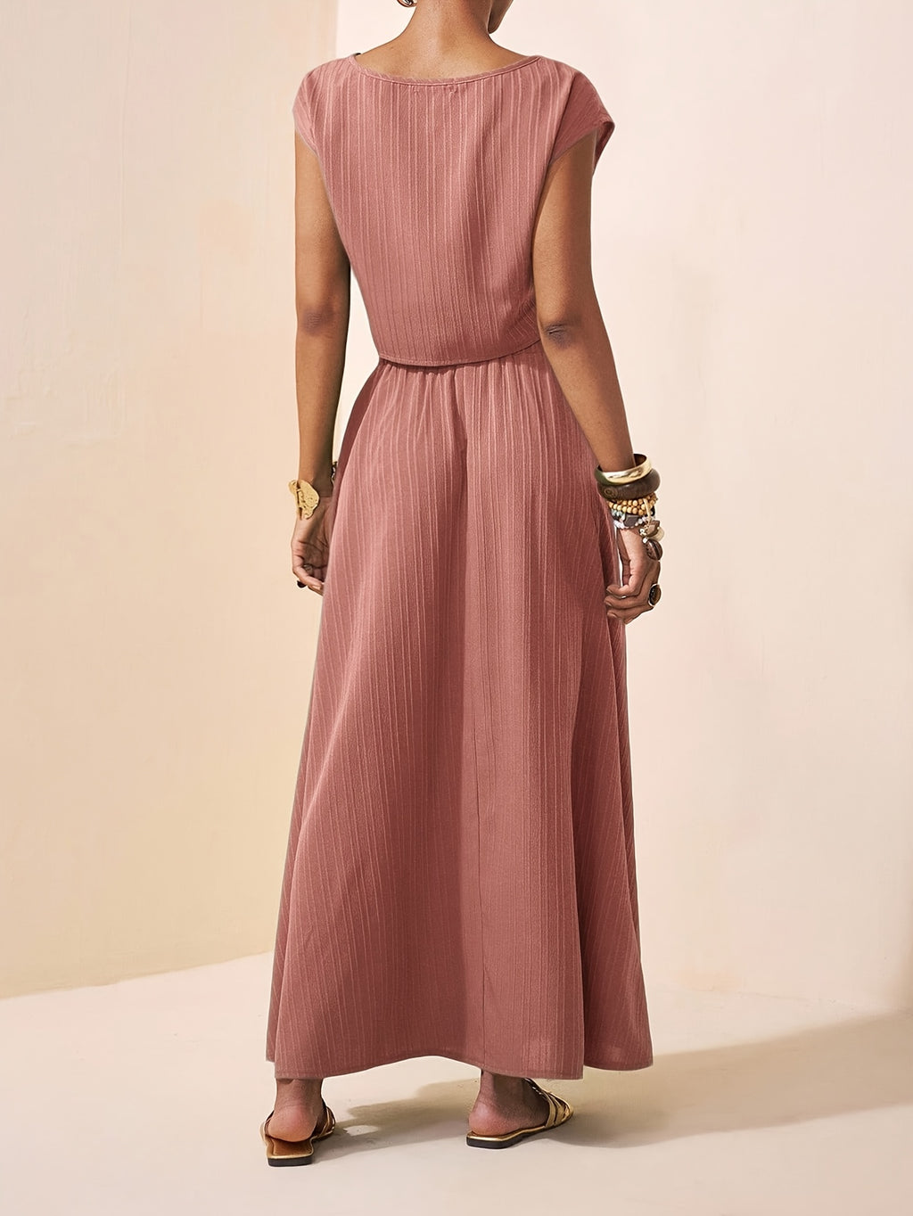 Striped Short Sleeve Top & Pleated Maxi Skirt Co-ord Set