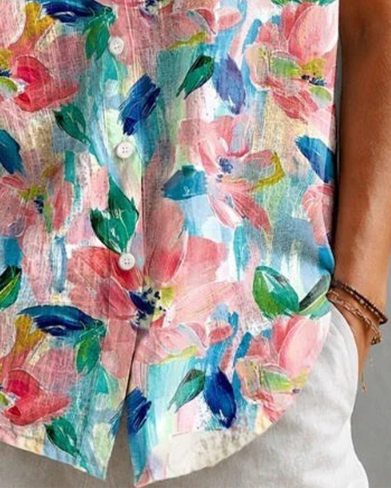 Women's Pink Turn-Down Collar Printed Short-Sleeve Shirt