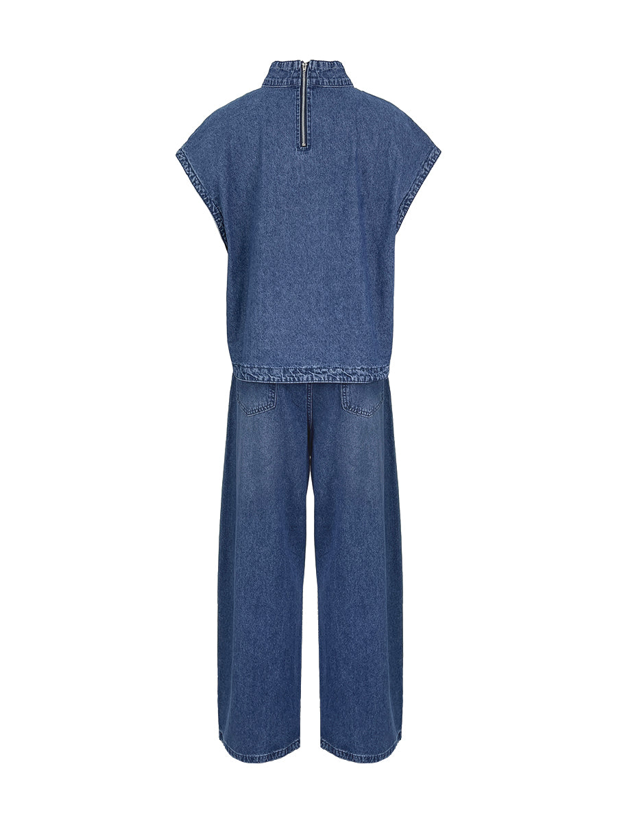 Denim Mock Neck Vest Top & Wide-Leg Jeans Co-ord Set