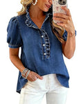 Lapel collar short sleeve ruffle denim blouse, front view