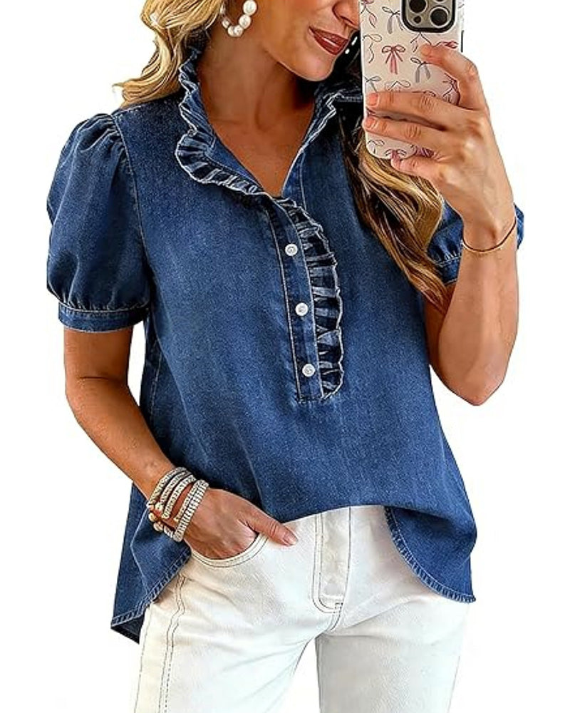 Lapel collar short sleeve ruffle denim blouse, front view