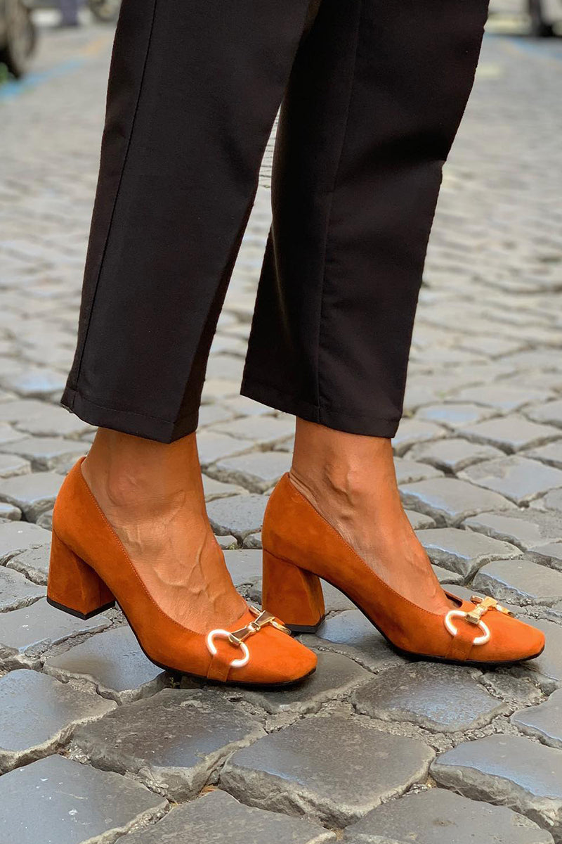 Women's Dark Orange Square Toe Block Heel Sandals