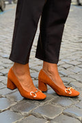 Women's Dark Orange Square Toe Block Heel Sandals