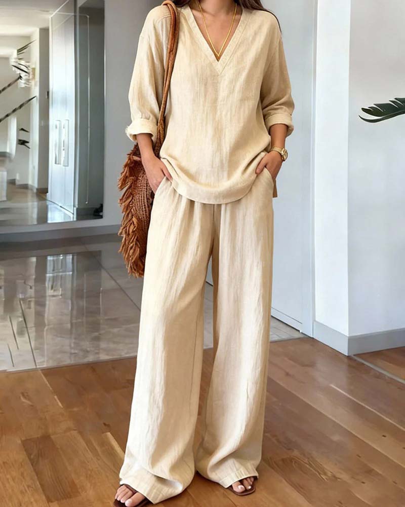 Beige V-Neck Long-Sleeve Wide-Leg Co-ord Set