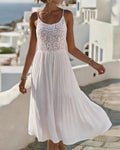 Spaghetti strap U neck lace patchwork sleeveless midi dress in white, front view