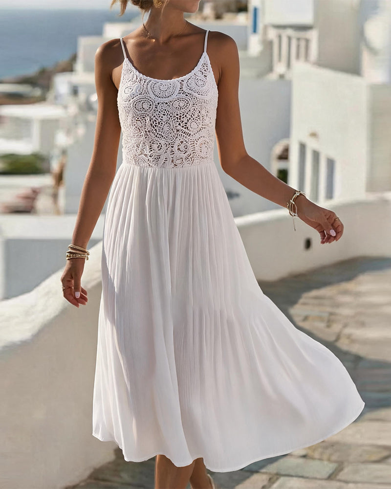 Spaghetti strap U neck lace patchwork sleeveless midi dress in white, front view