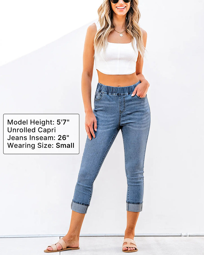 Blue capri jeans with side pockets, full view