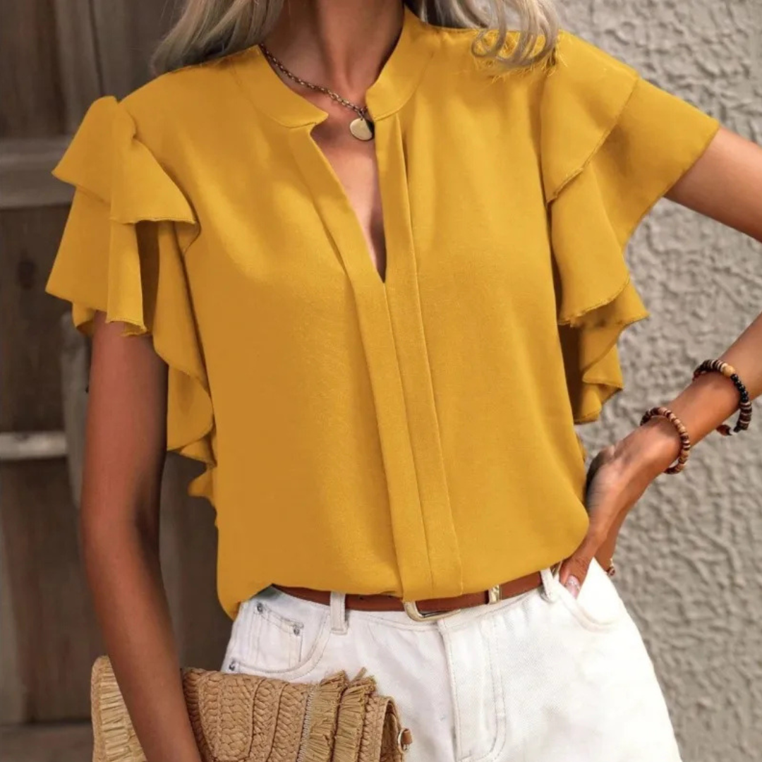 V-neck ruffle sleeve blouse in brown, front view