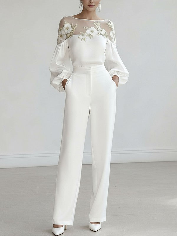 White Floral Applique Mesh Puff Sleeve Blouse