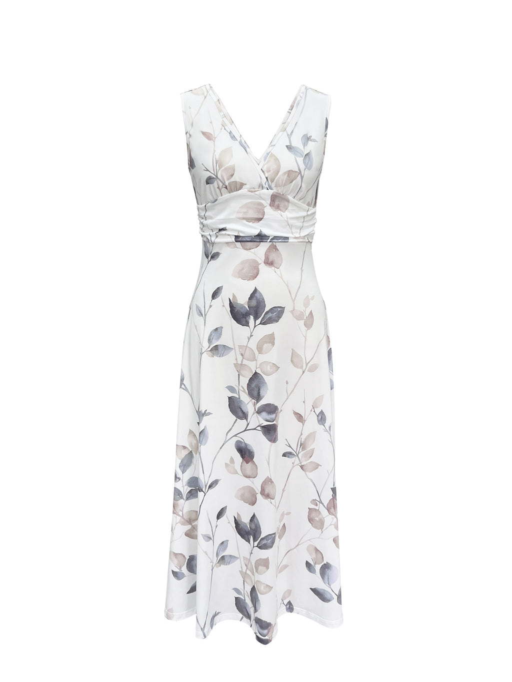 Short Sleeve Printed Floral Summer Midi Dress in Light Green, full length view