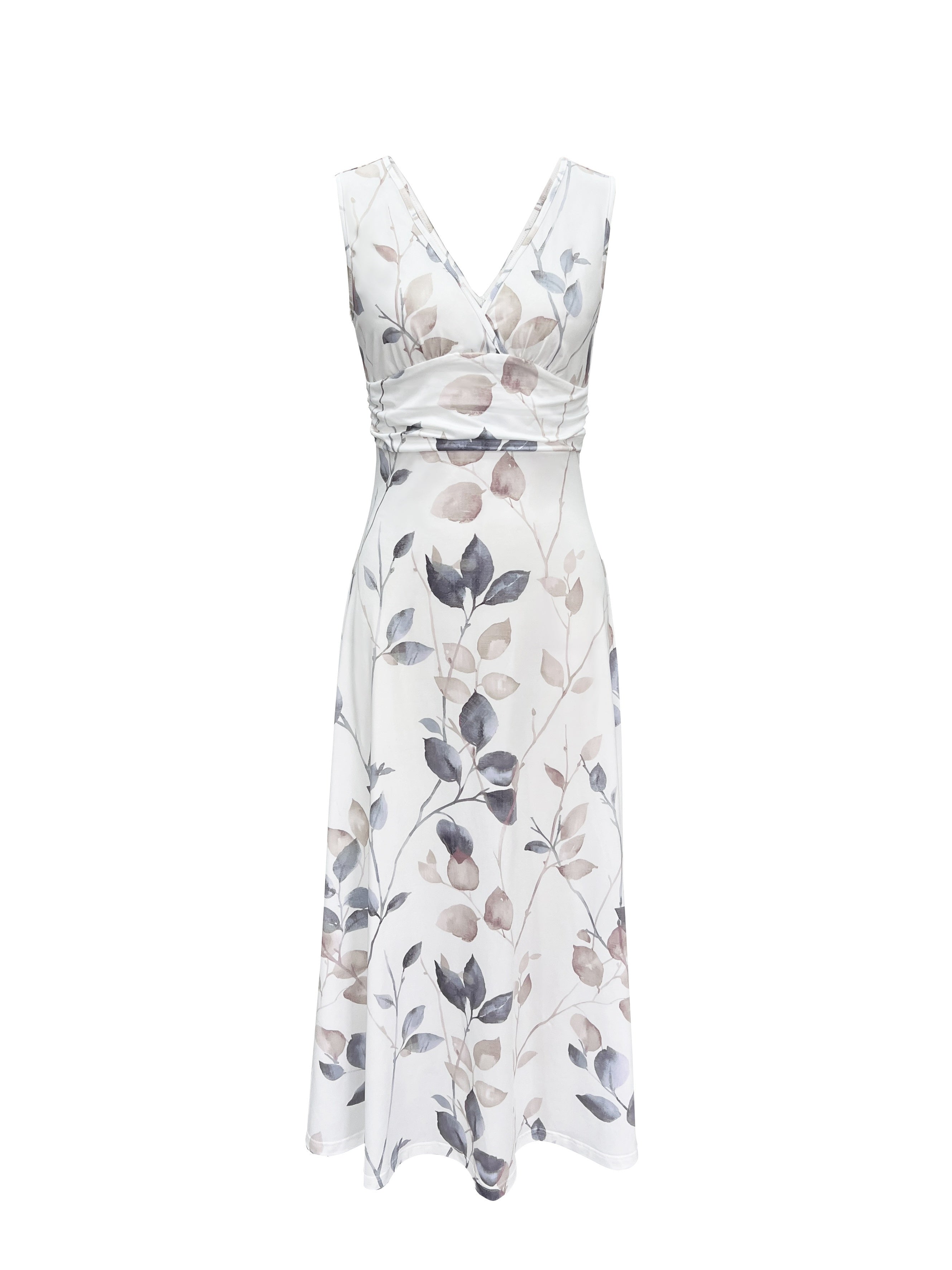 Short Sleeve Printed Floral Summer Midi Dress in Light Green, full length view