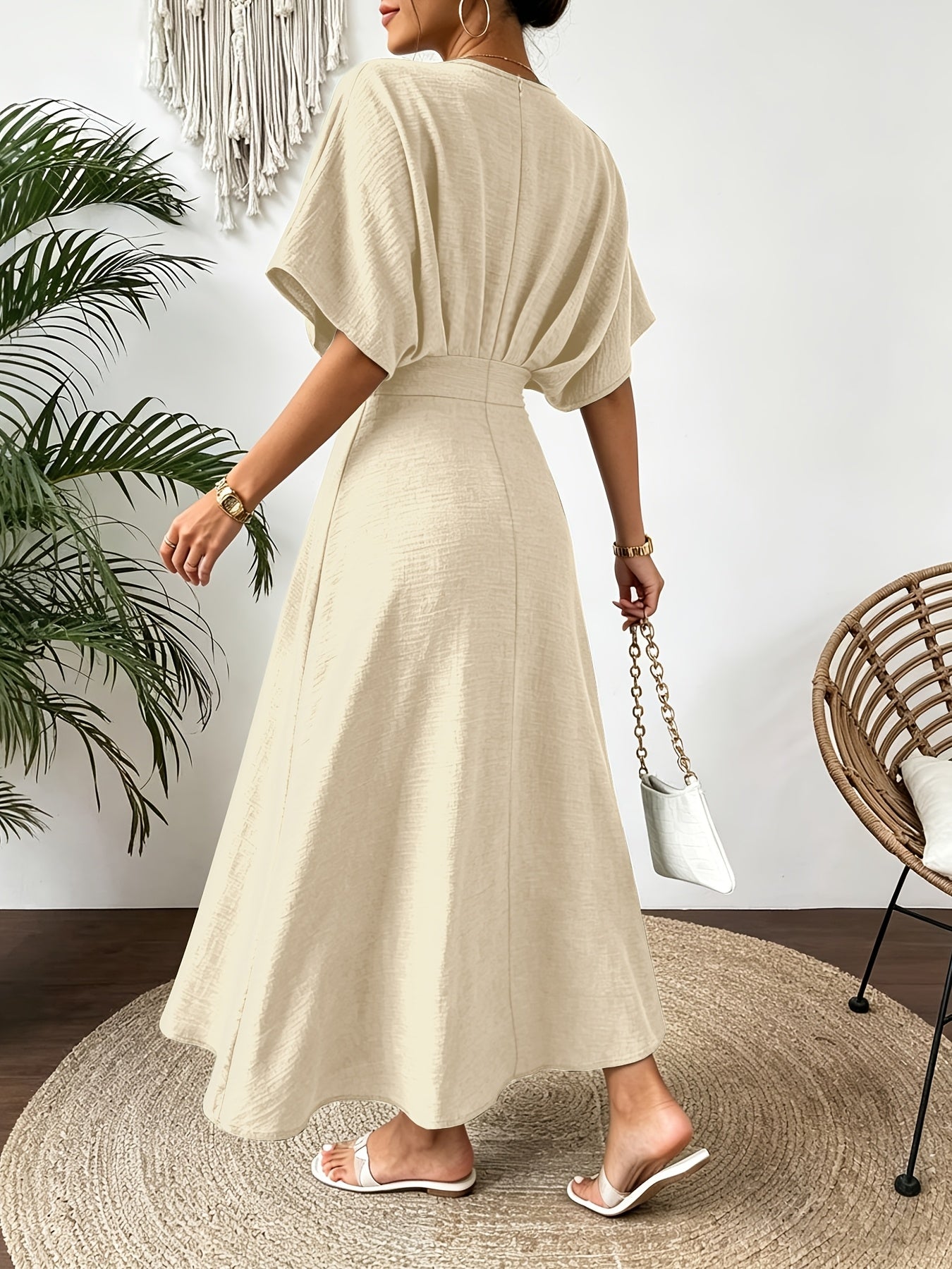 Batwing Sleeve Ruffle V-Neck Midi Dress