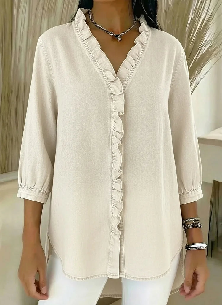 Denim ruffled shirt back view, relaxed casual silhouette | Alba Muse