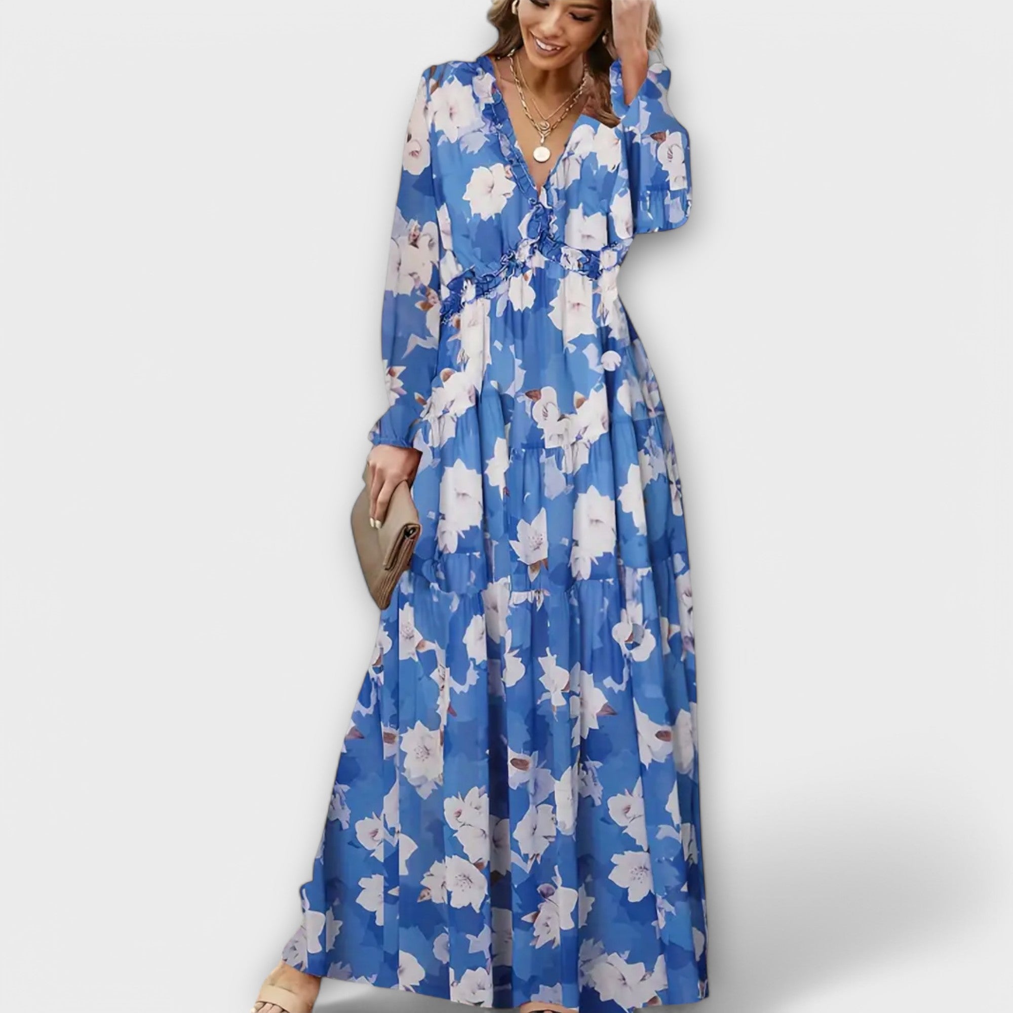 Floral pleated maxi dress side view