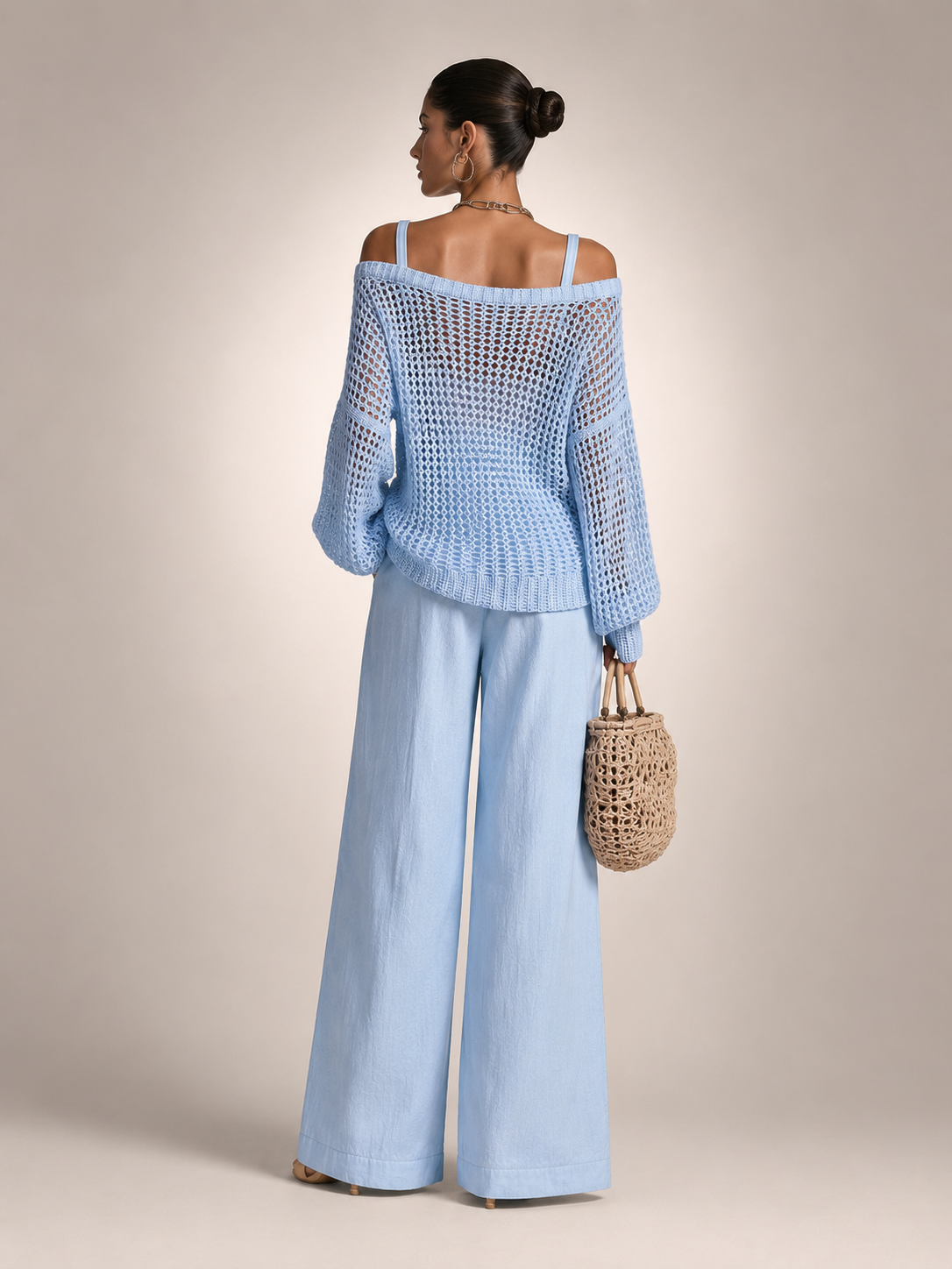 Off-Shoulder Knit Co-Ord Set with Wide-Leg Trousers