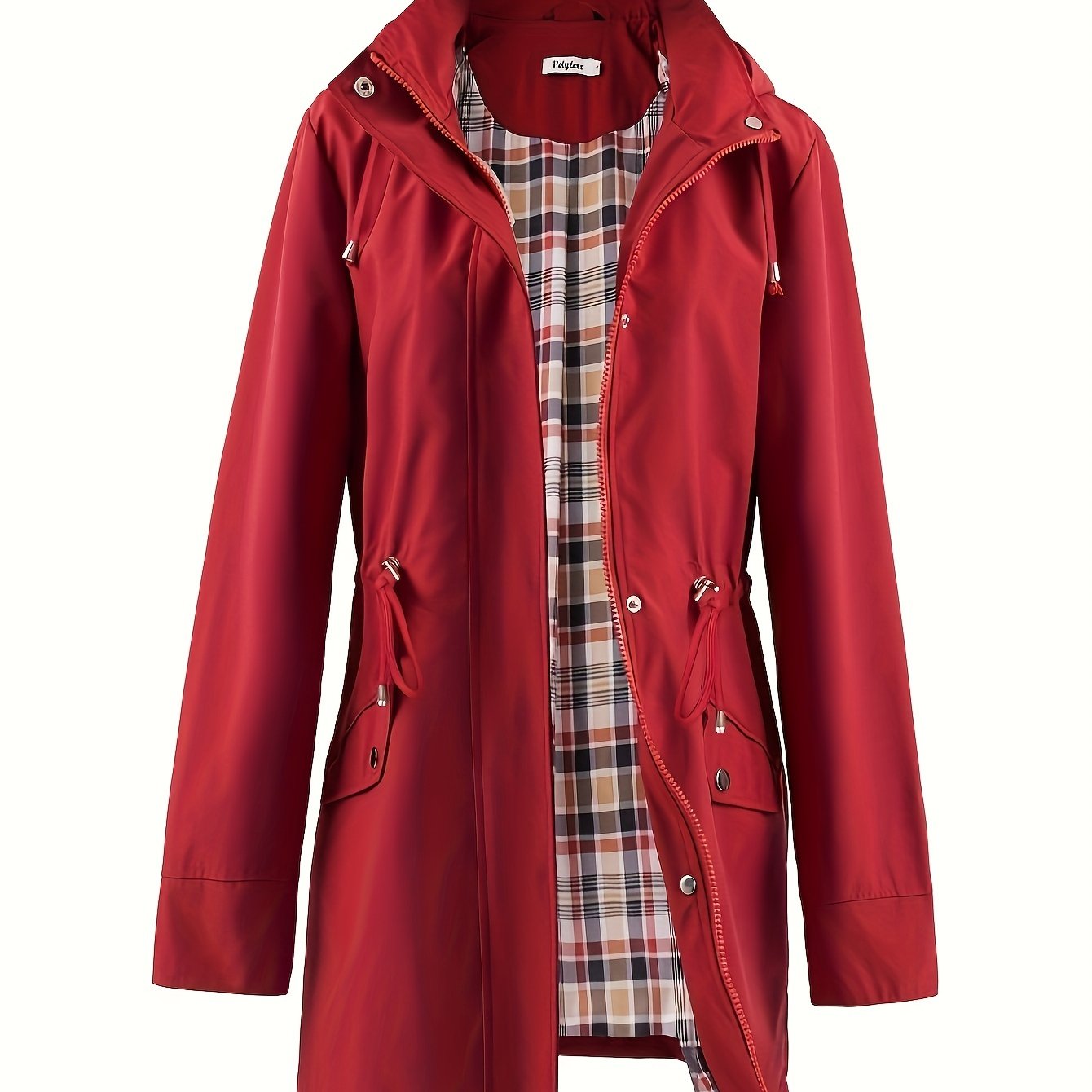 Hooded drawstring waist zip up coat with a zip up placket front in Deep Red