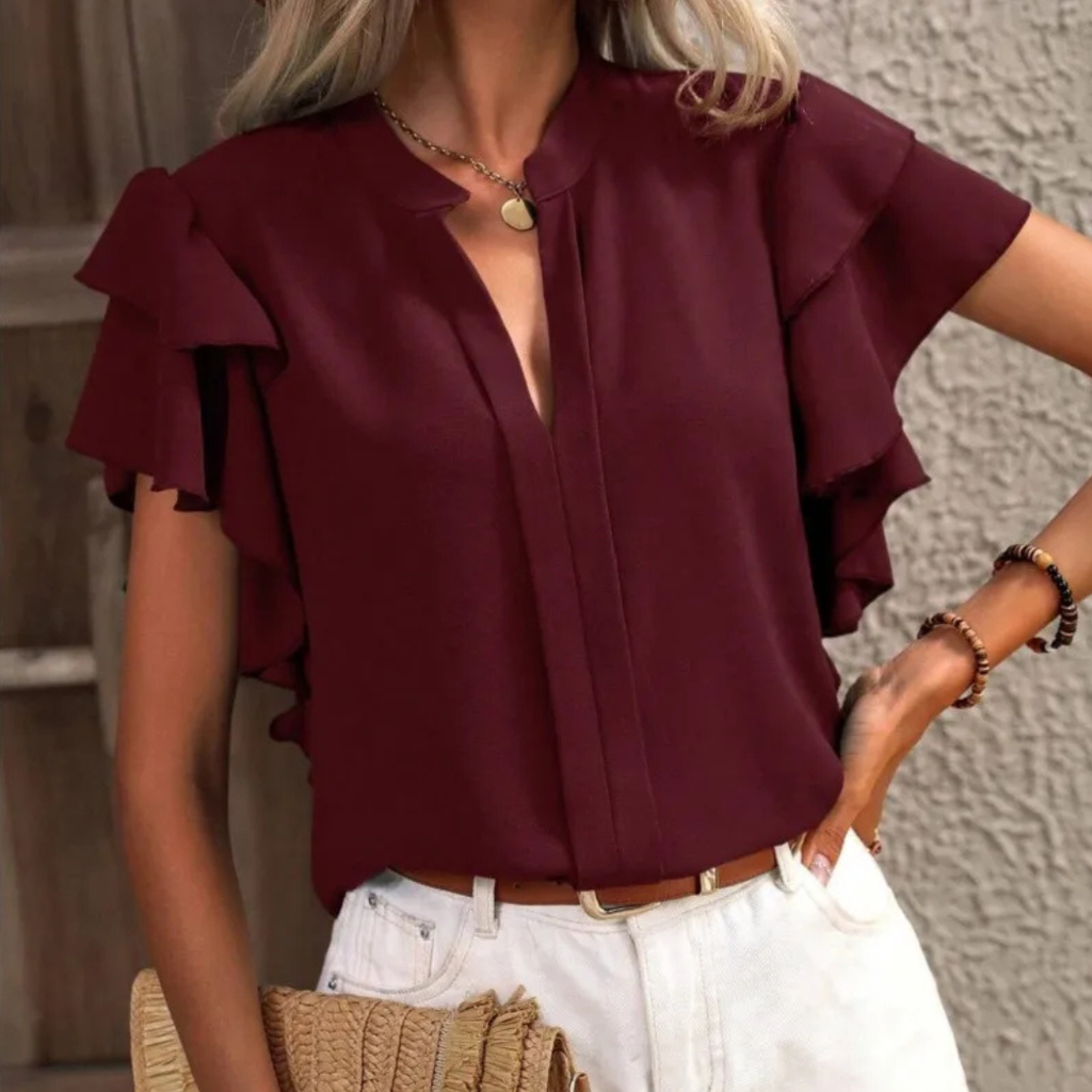 V-neck ruffle sleeve blouse, back view