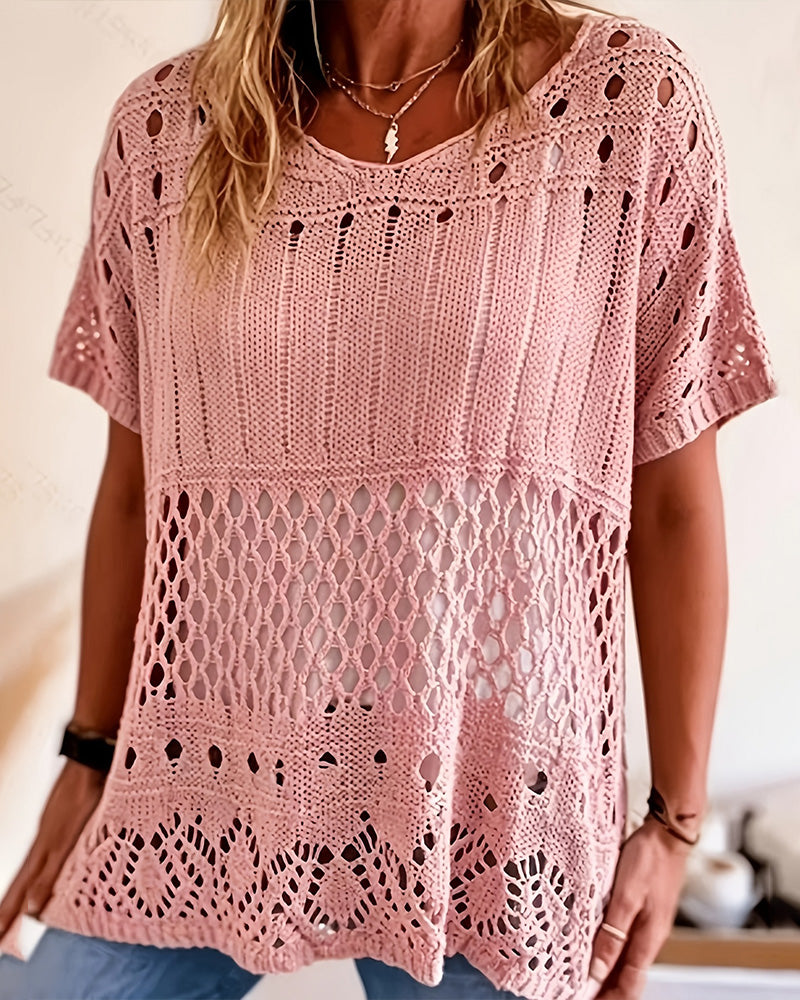 Women's Pink Round Neck Hollow-Out Knit Jumper