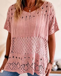 Women's Pink Round Neck Hollow-Out Knit Jumper