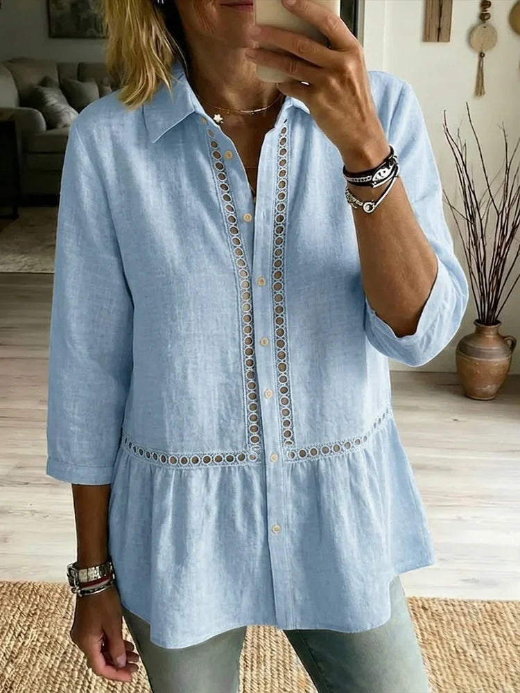 Openwork linen shirt in green, patchwork panels and woven trim | Alba Muse