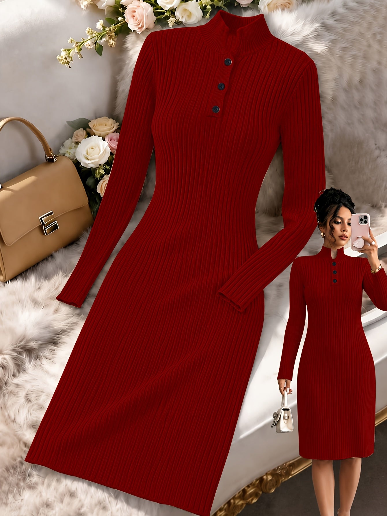 Khaki Ribbed Knit V-Neck Midi Dress
