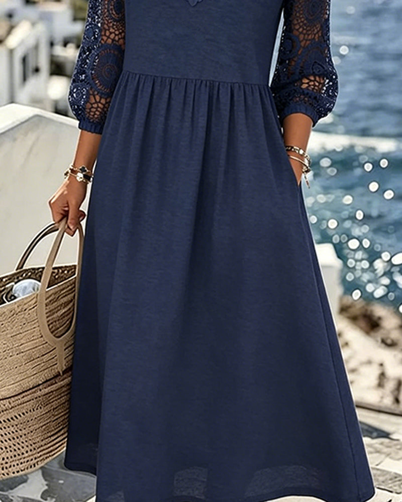 Lace patchwork solid midi dress in navy blue, styled view