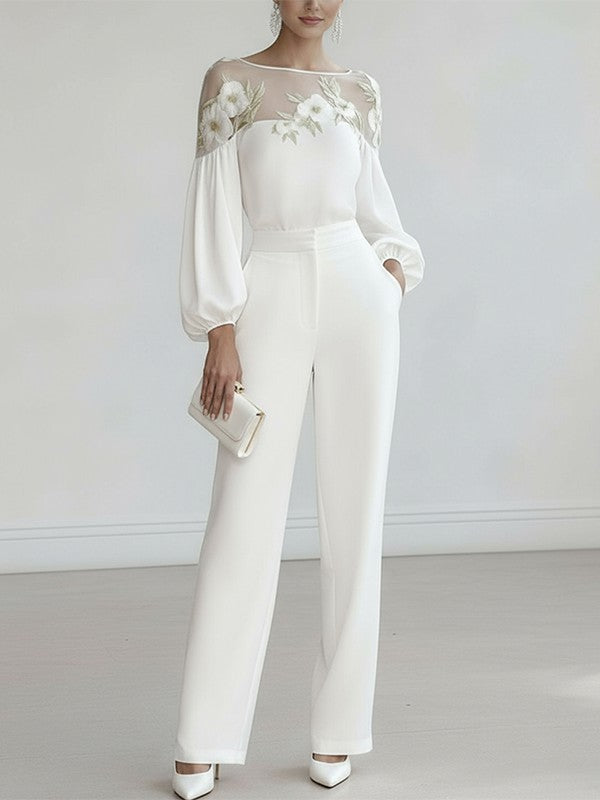 White Floral Applique Mesh Puff Sleeve Blouse