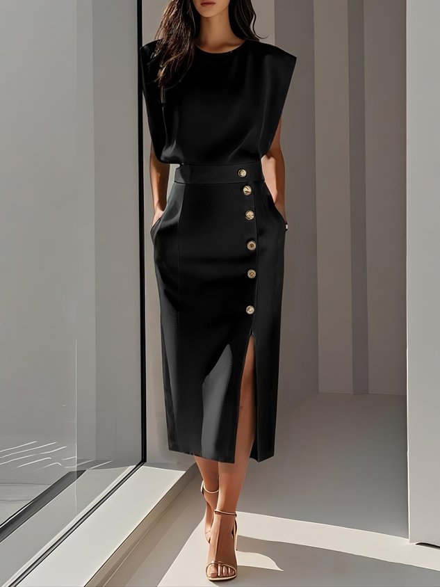 Solid Midi Dress with Button Slit