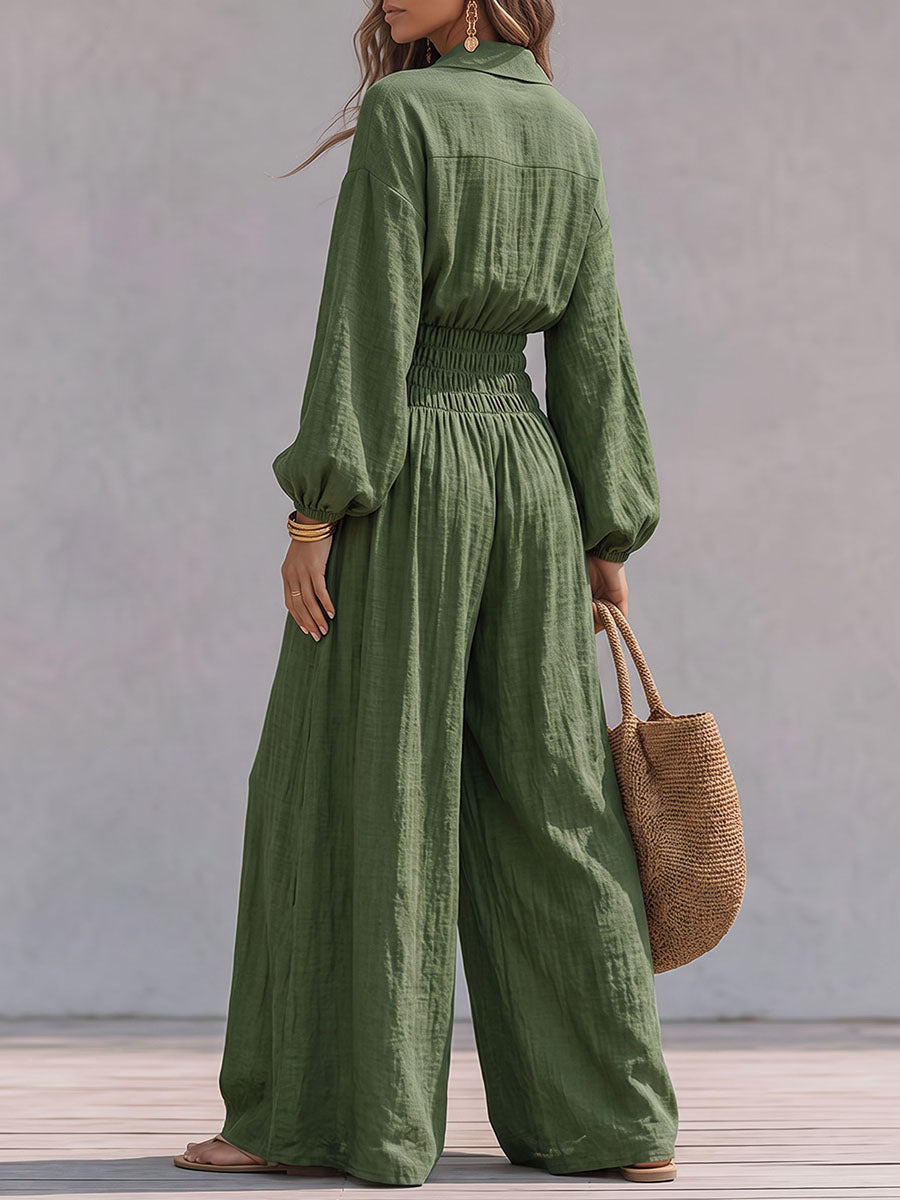 Buttoned Lapel Jumpsuit with Long Sleeves and Wide Leg