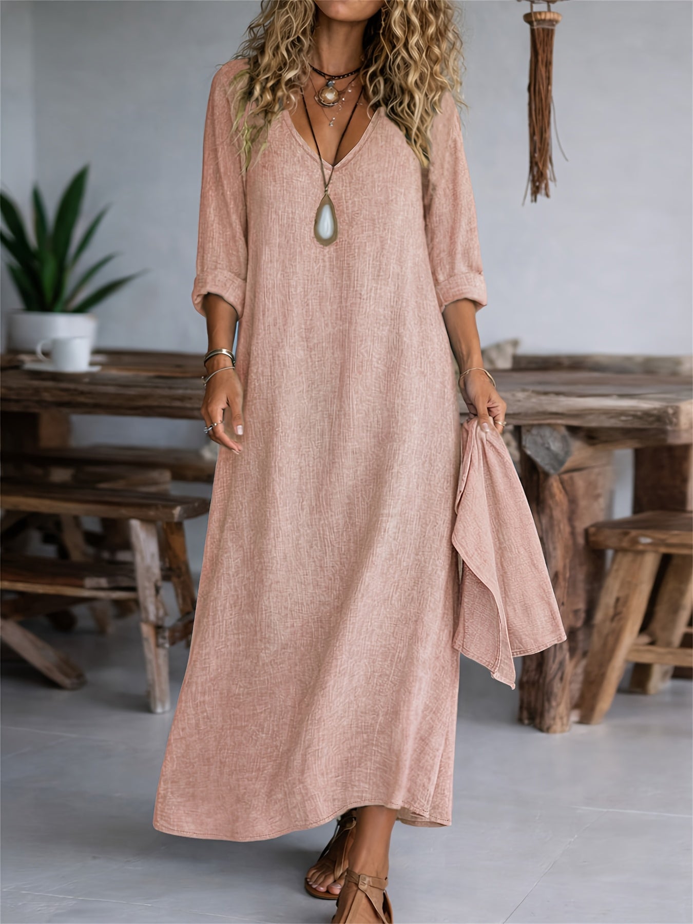 V-neck long sleeve loose linen maxi dress | Alba Muse