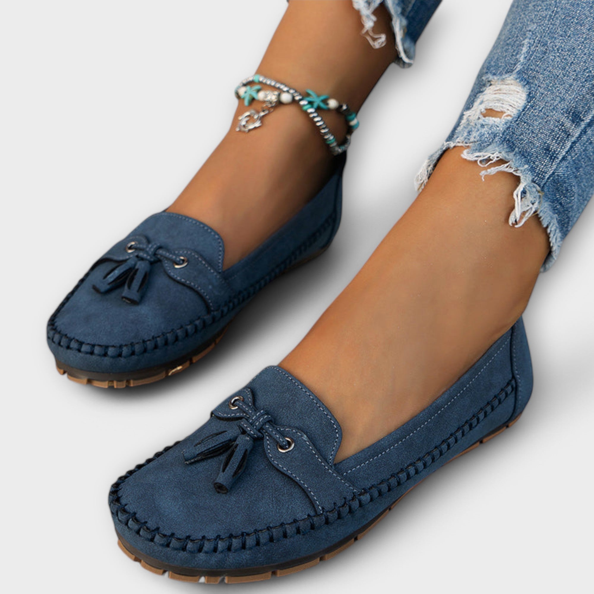 Women's suede moccasin tassel flat loafers in grey-green