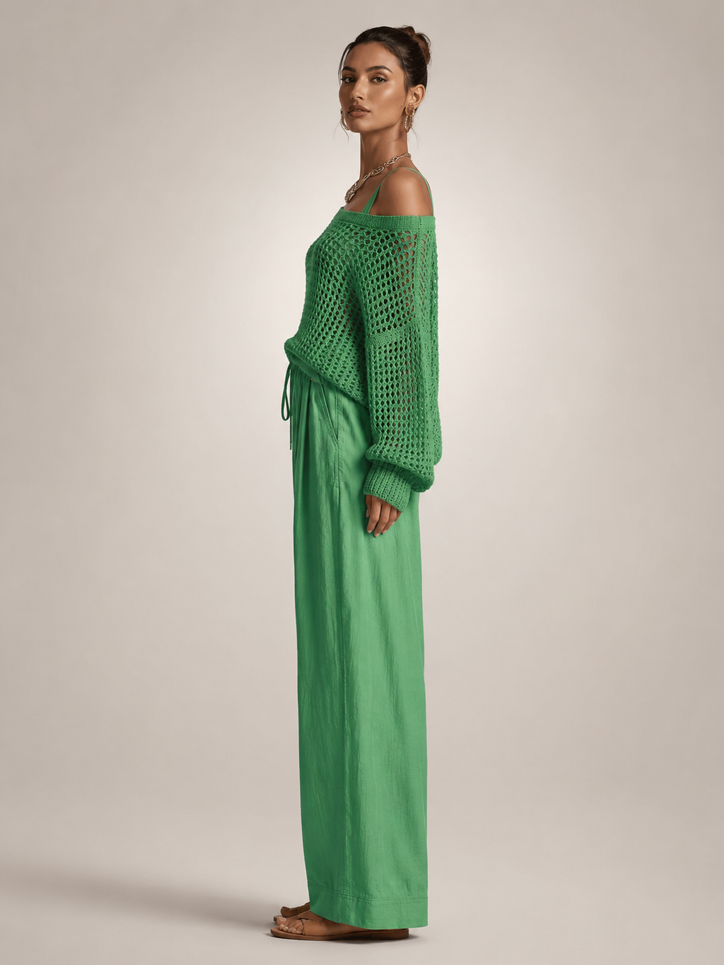 Off-Shoulder Knit Co-Ord Set with Wide-Leg Trousers
